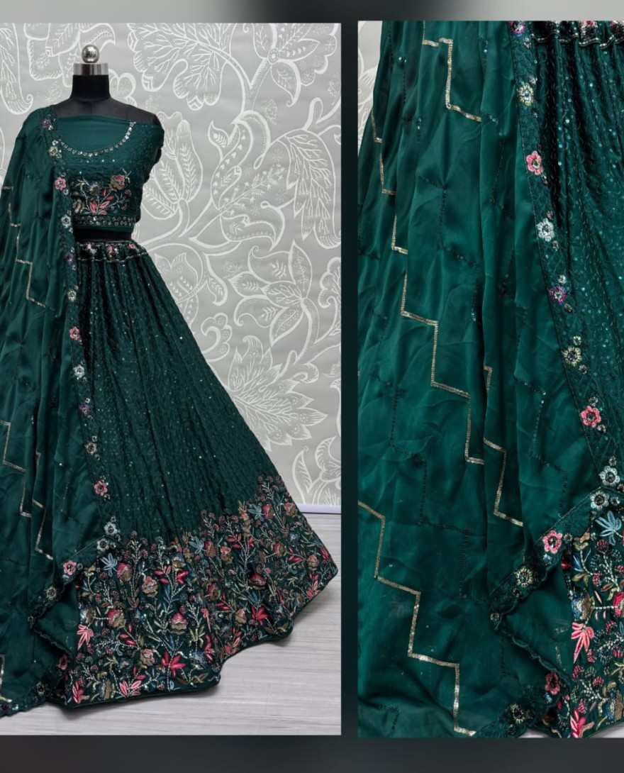 2811 - Beautiful Flower Pattern Green Embroidery and Thread work design Partywear Lehengacholi 